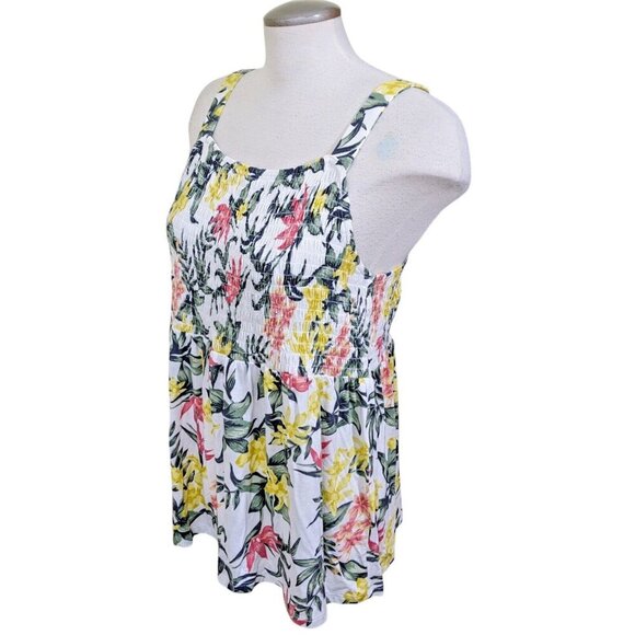 Womens M Smocked Tank Top Hawaiian Print Wide Strap Babydoll Y2K Square Neck - Picture 3 of 6